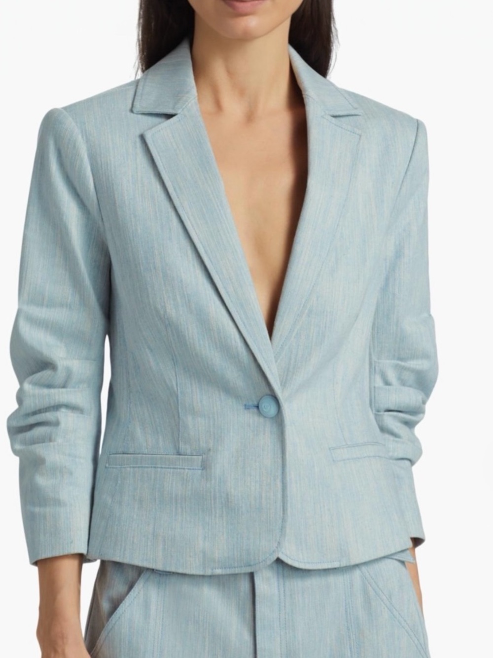 Cing Sept Melange Le Petit Khloe Women’s Crop Denim Baby Blue Blazer Size 8
